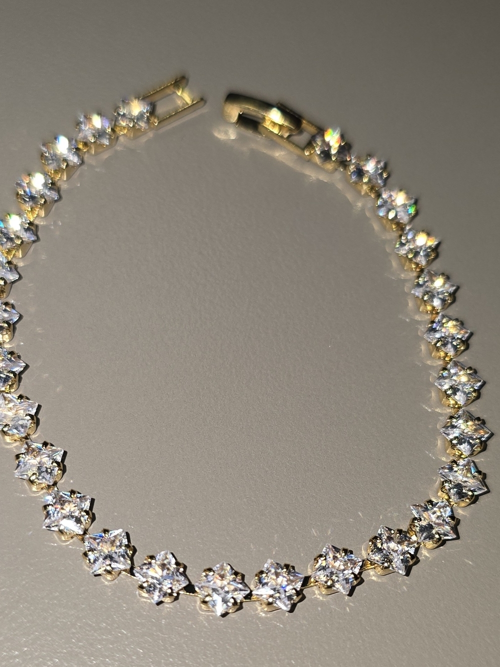 Gold Plated Tennis Bracelet Clear CZ Round Prong Set Box Clasp 7 in.